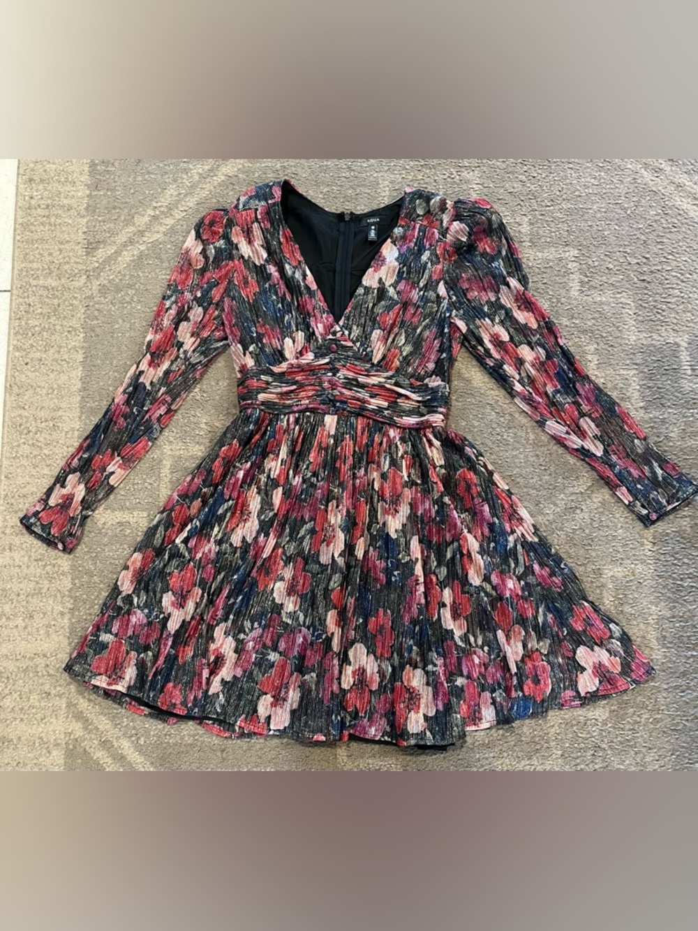 Aqua Metallic Black Multicolor Floral Pleated Dress